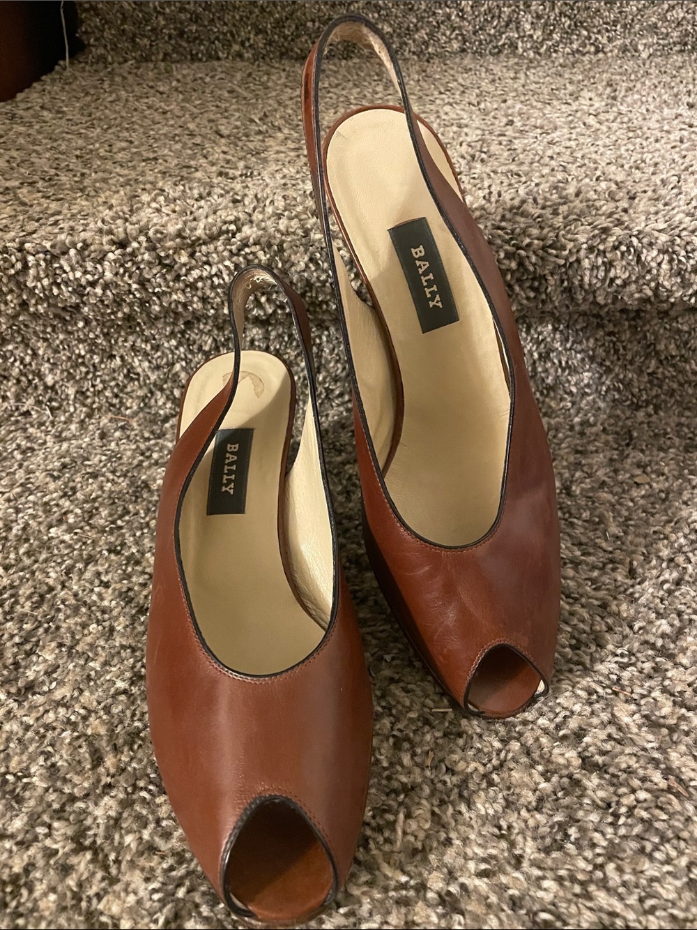 Bally Chestnut Brown Leather Peep-Toe Slingback Heels